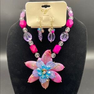 Pink & Purple 4” Flower Statement Necklace Set by W Stones & Beads New with Tags